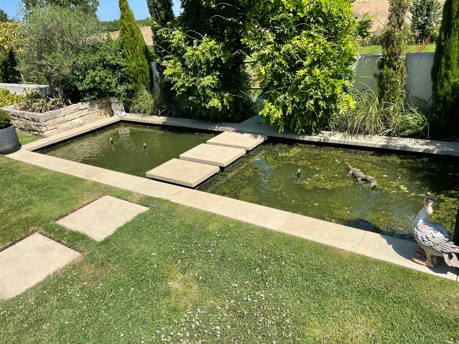 Pressure washed paving around a garden pond